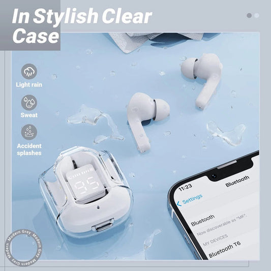 T6 Crystal Pro Wireless Earbuds with ENC (Environmental Noise Cancellation) and LED Display.